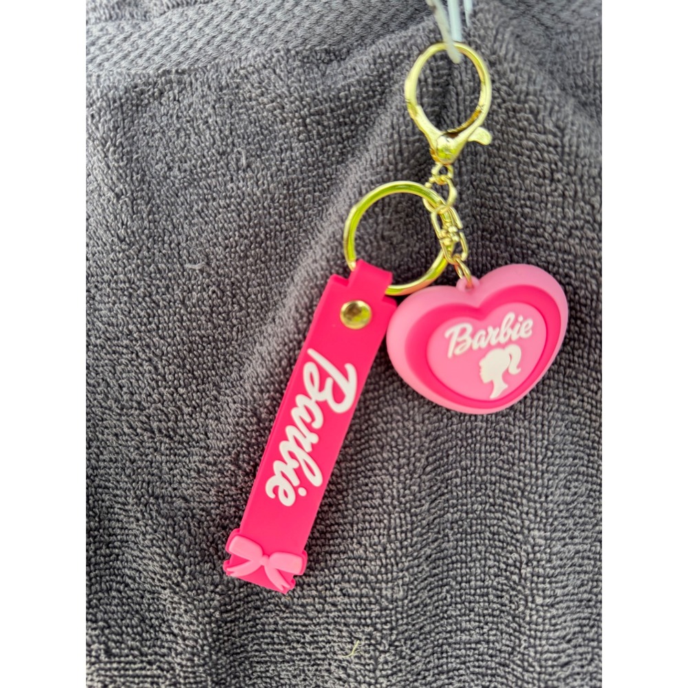Barbie Pink Heart Keychain Silicone Logo Strap Bag Charm Gold Tone Clasp